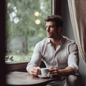 Homme d'une trentaine d'années regardant par la fenêtre d'un café pluvieux, réfléchissant à la dysfonction érectile après 35 ans.