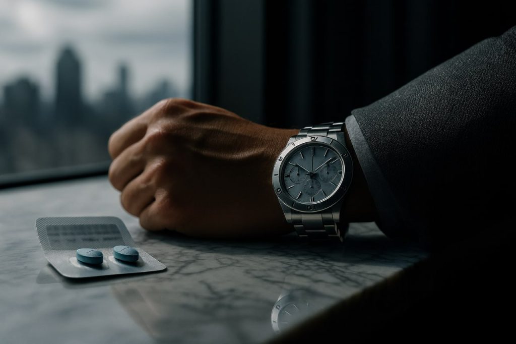 Sildenafil vs Tadalafil: Which Option Suits Your Lifestyle? 2 Man in suit checks time beside sildenafil tablets, highlighting short window of effect in ED treatment for busy schedules