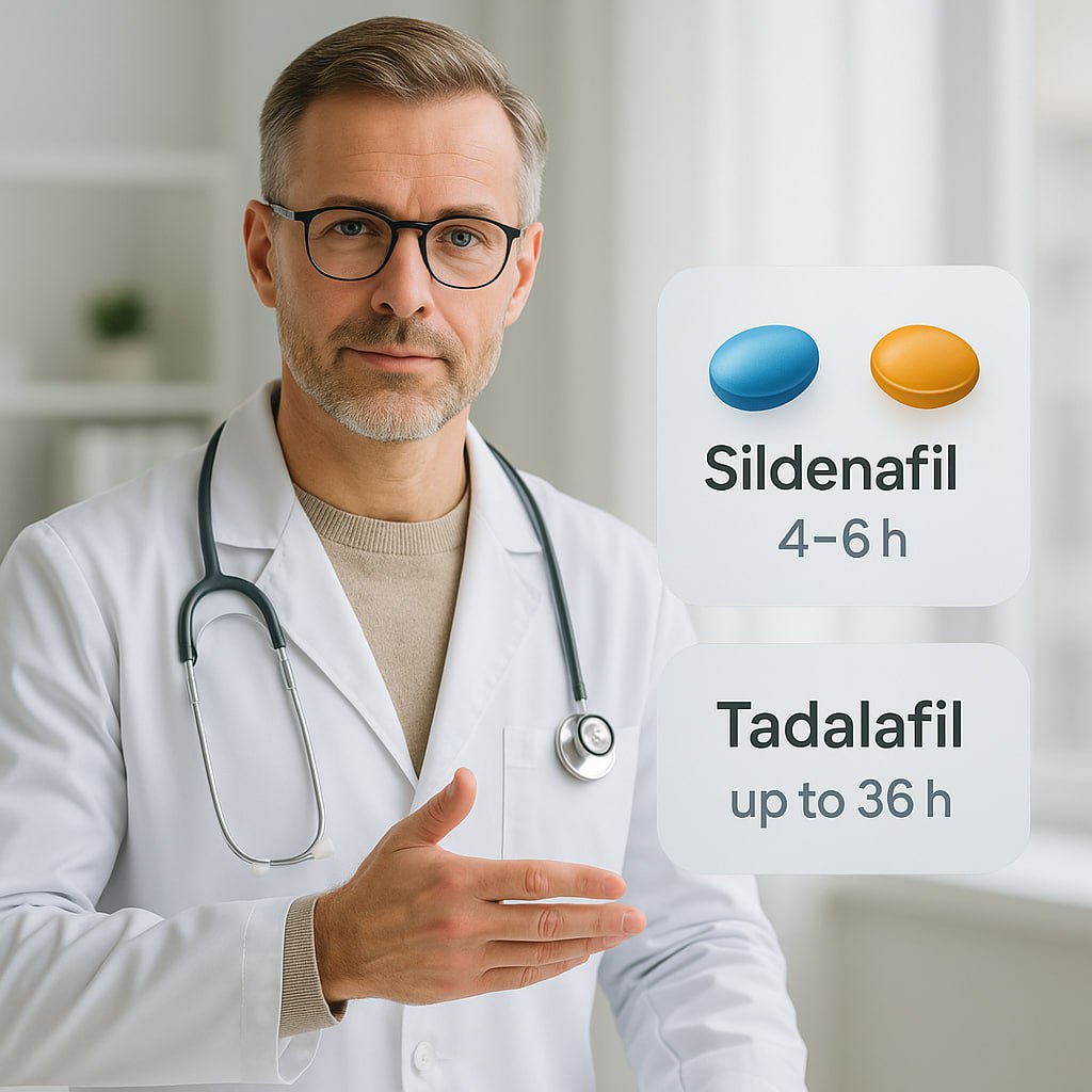 Confident male doctor compares sildenafil vs tadalafil effects, highlighting duration difference in modern ED treatment