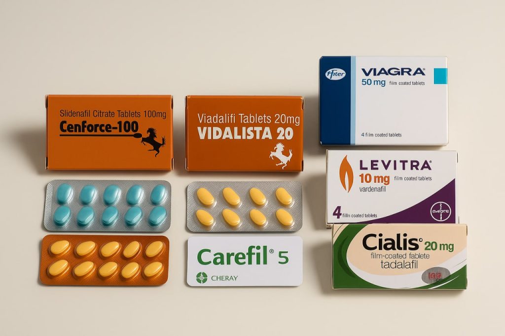 Generic ED pills Cenforce, Vidalista, Carefil displayed side by side with branded versions, highlighting same active ingredients