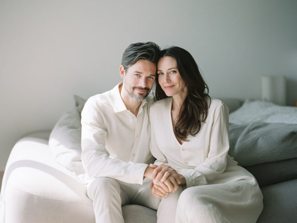 Smiling couple sitting close together showing trust intimacy and confidence after ED treatment