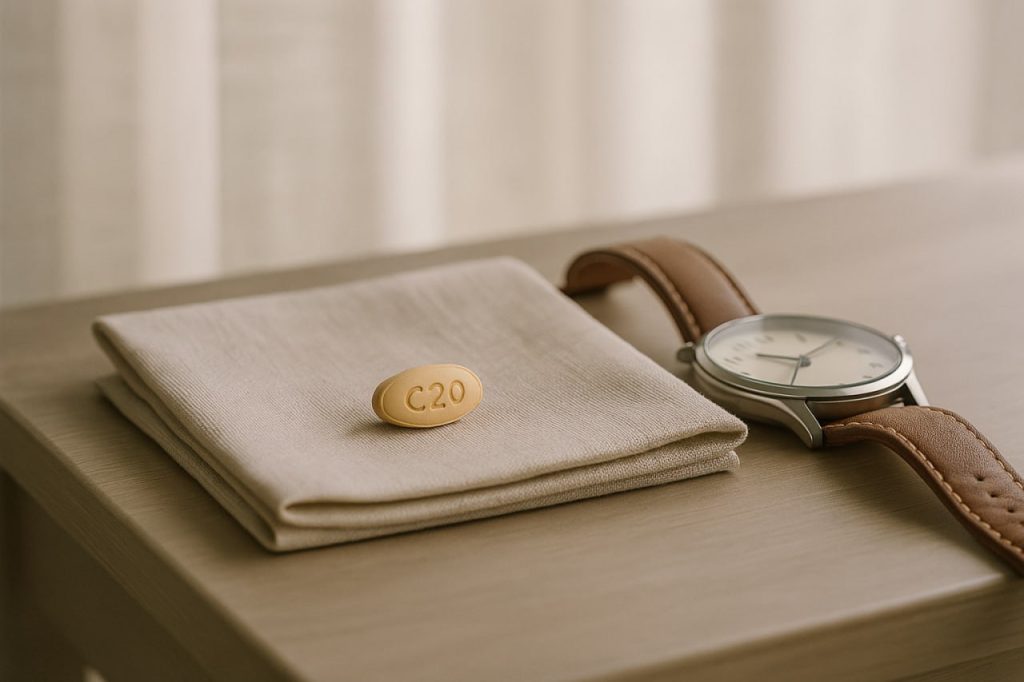Yellow tadalafil pill marked C20 on fabric with wristwatch showing long duration of effect