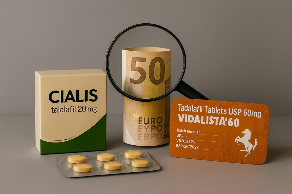 Cialis and tadalafil generic UK tablets with euro note under magnifying glass highlighting cost gap