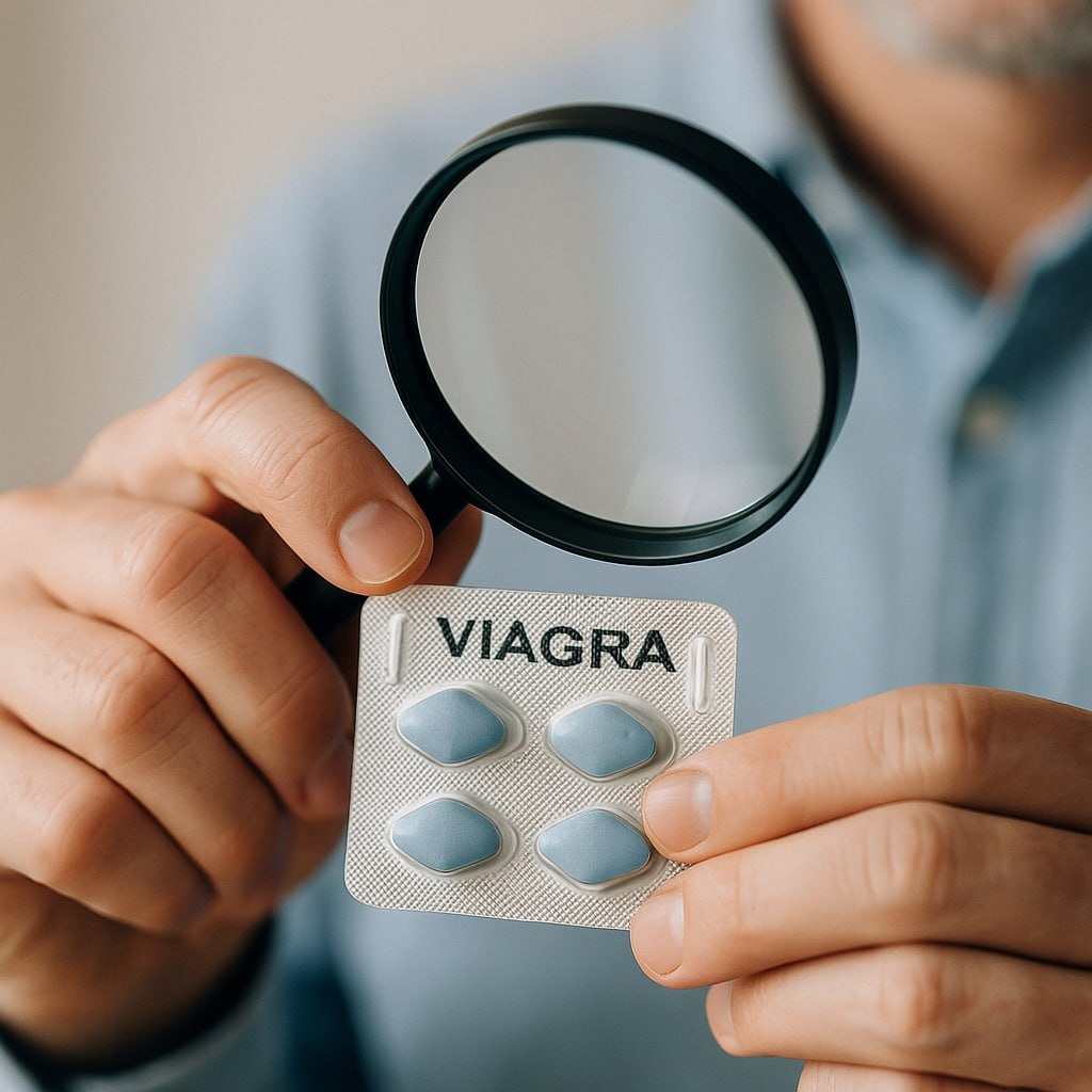 Man checking fake Viagra blister pack under magnifying glass to spot counterfeit ED pills in the UK