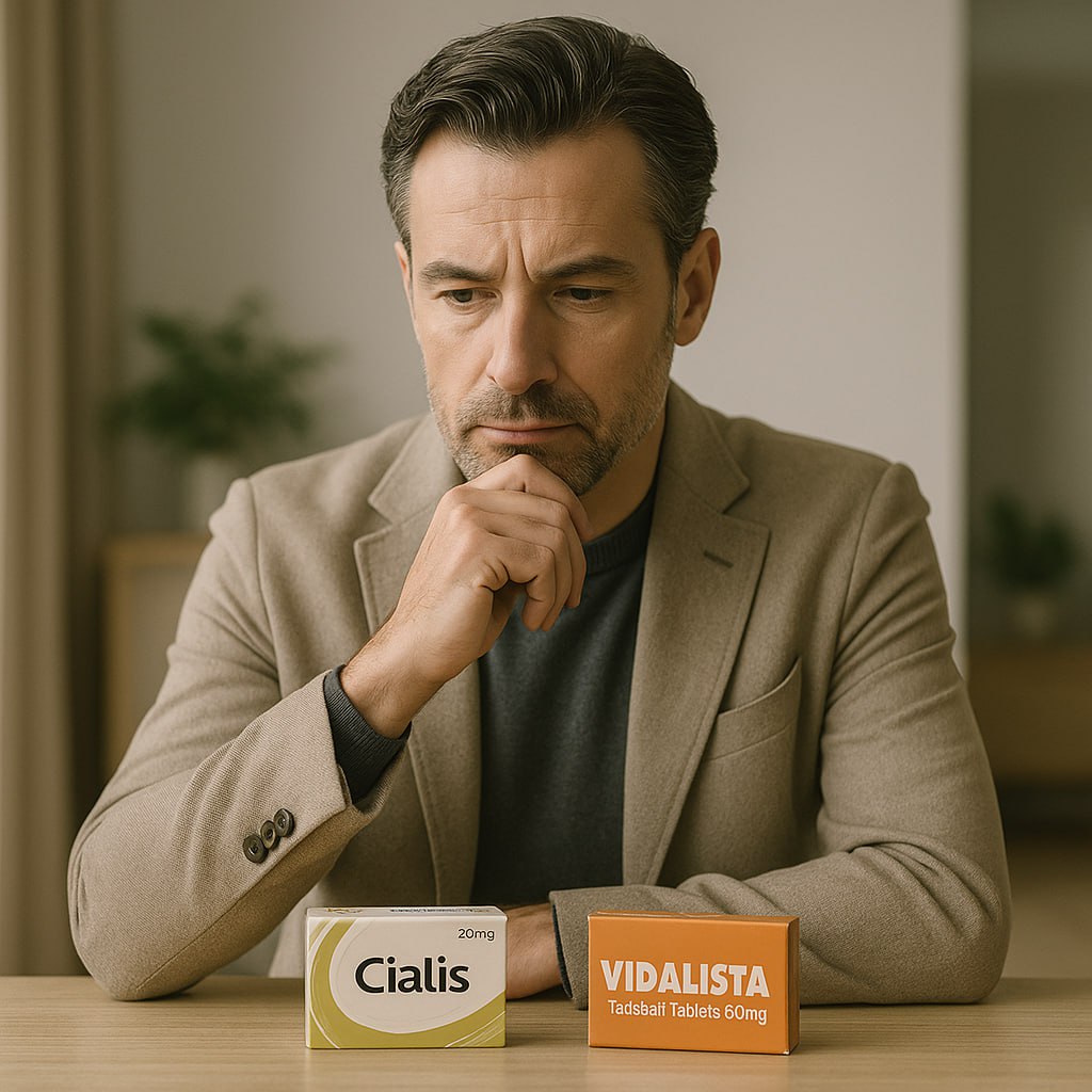 Middle aged man comparing Vidalista vs Cialis boxes with thoughtful expression in natural daylight